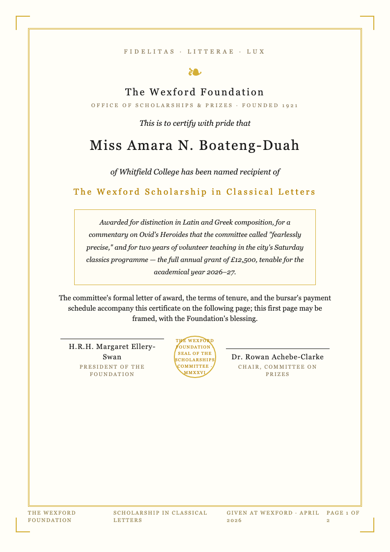 Certificate Award Formal Letter